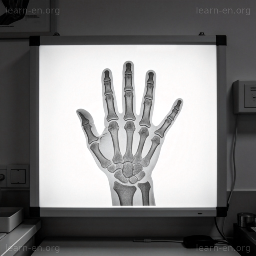 X-ray 图解：医生办公室观片灯上的人手骨骼X光片