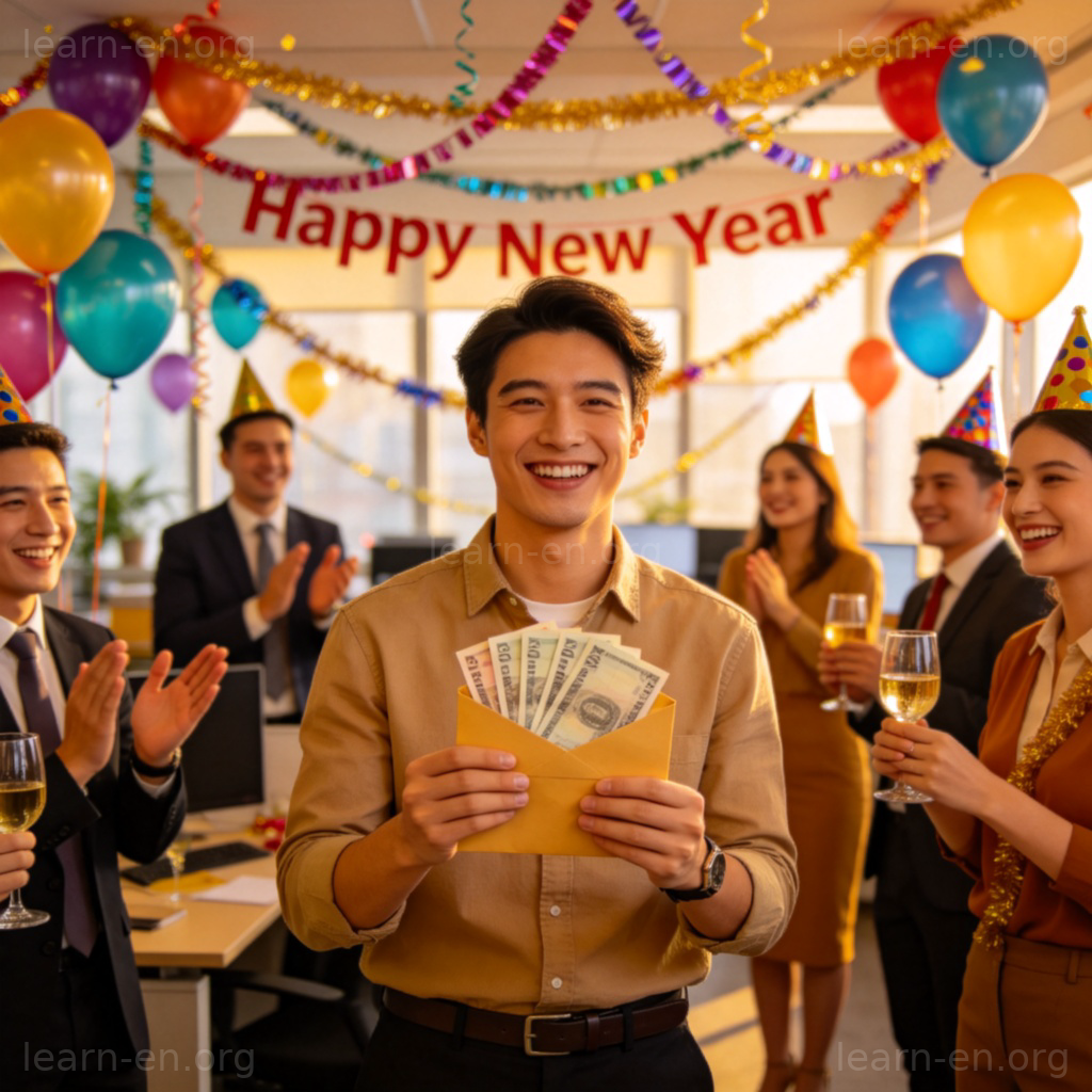 Year-end bonus 年终奖金图解：员工在办公室手持奖金信封庆祝
