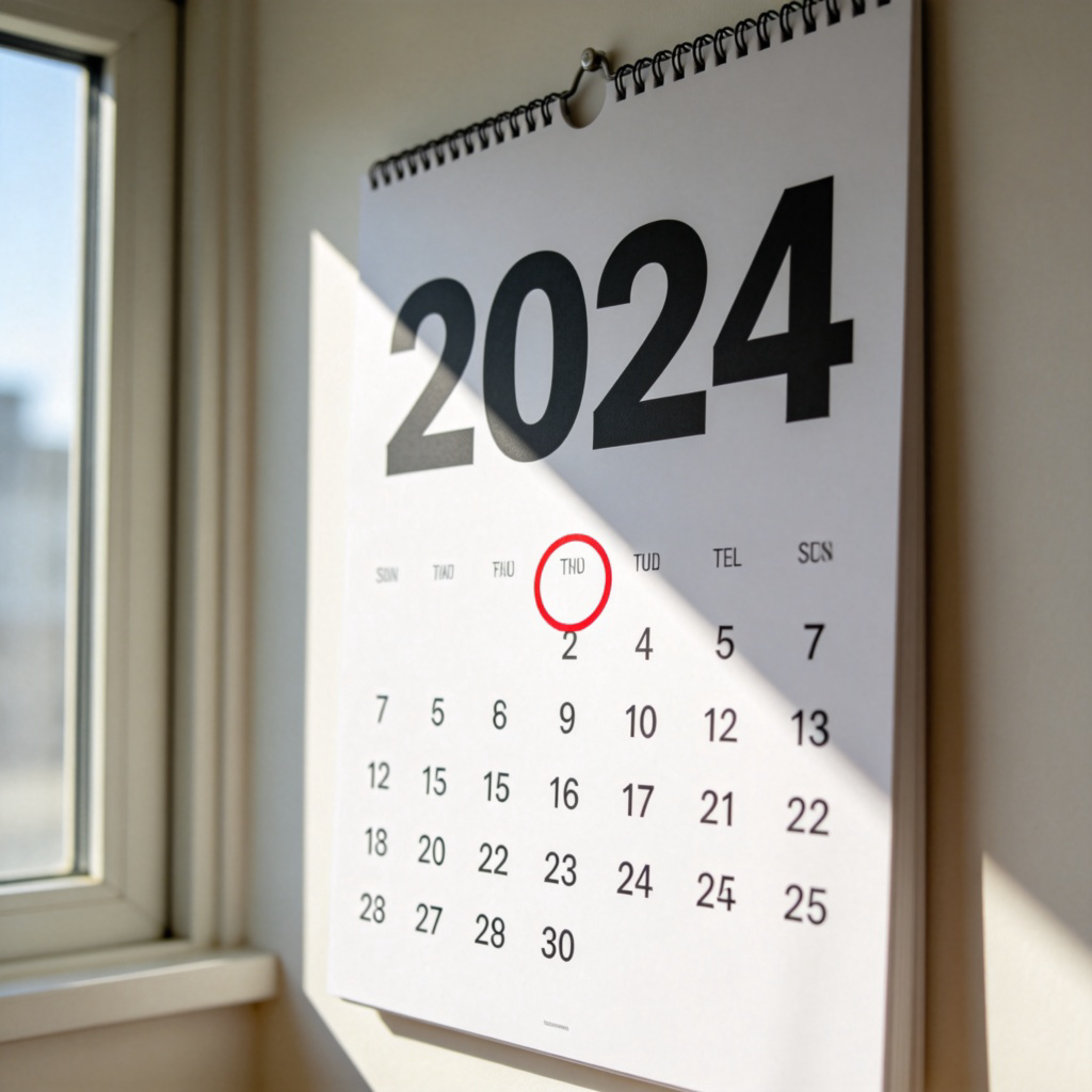 A clean, close-up photograph of a large wall calendar. The focus is on the current month page, but the large, bold year number (e.g., 2024) at the top is clearly visible and prominent. A single red circle is drawn around a date. Soft, natural light from a window falls on the page. No other text or logos are present.