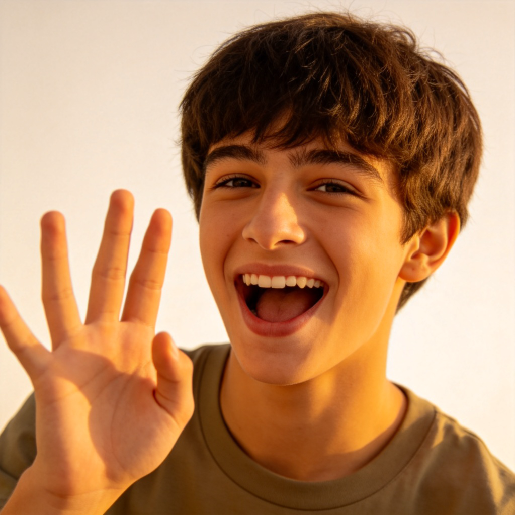 A smiling young person with raised hand and open mouth, as if saying "Yes!". Warm, friendly expression, shot from the chest up. Plain, neutral background. No text or logos, focus on the affirmative gesture and expression.