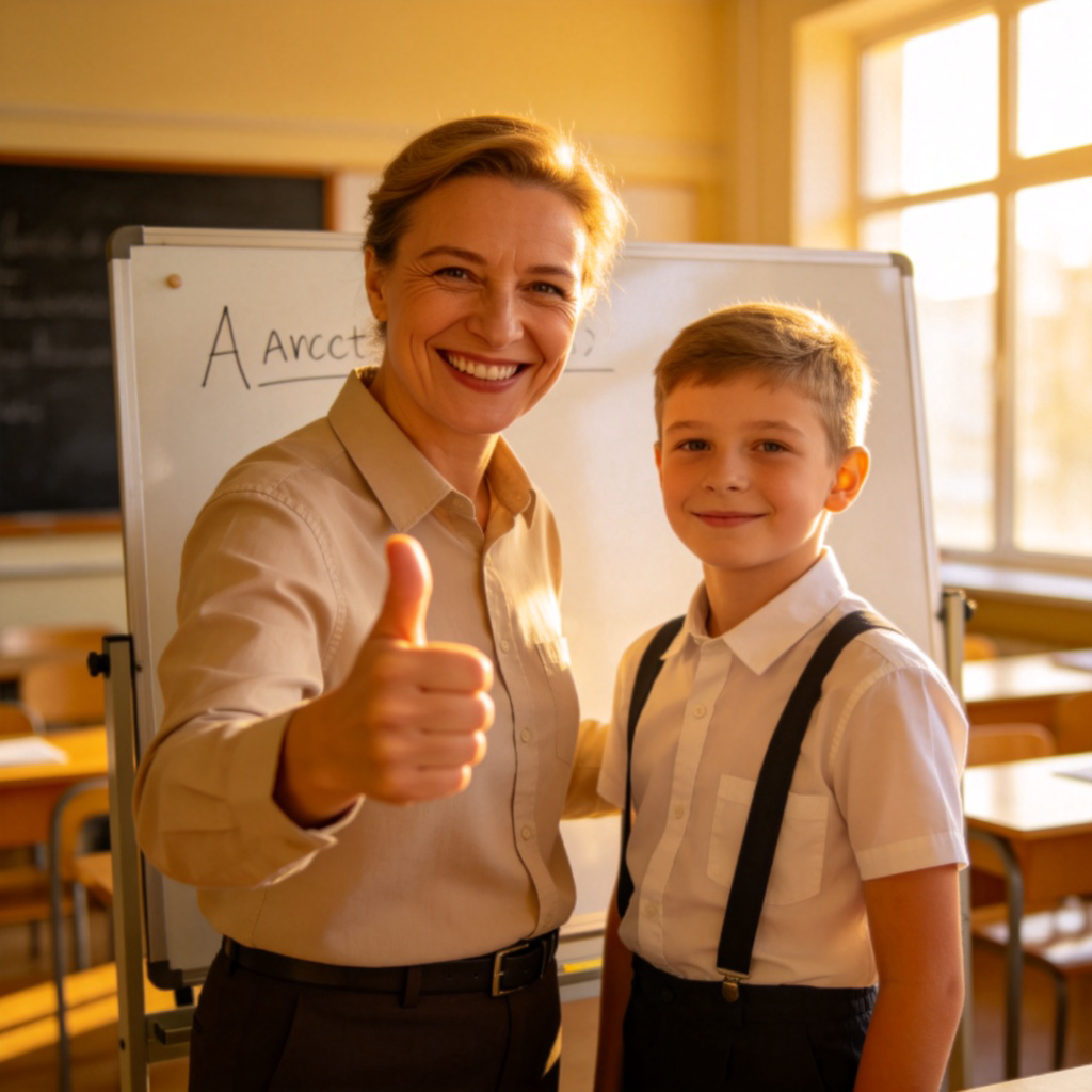 A teacher smiling and giving a thumbs-up to a student who has just written the correct answer on a whiteboard. Focus on the teacher's encouraging expression and gesture. Classroom setting in background but blurred. No text.