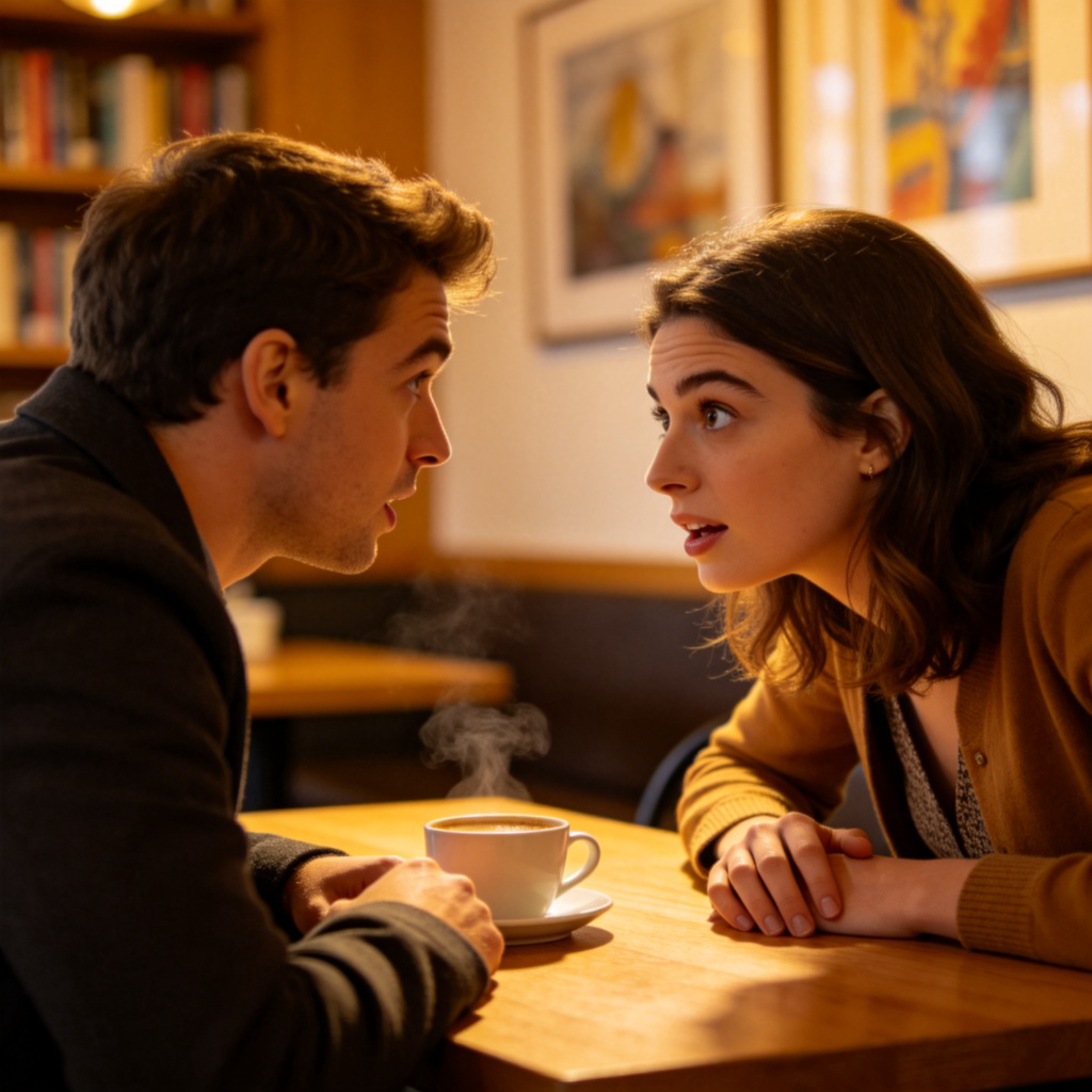 Two people sitting at a cafe table, deep in conversation. One person is speaking, the other is listening intently, leaning slightly forward with an expectant and engaged expression, as if saying "Yes?". Focus on the listener's face and body language. Soft cafe ambiance in background.