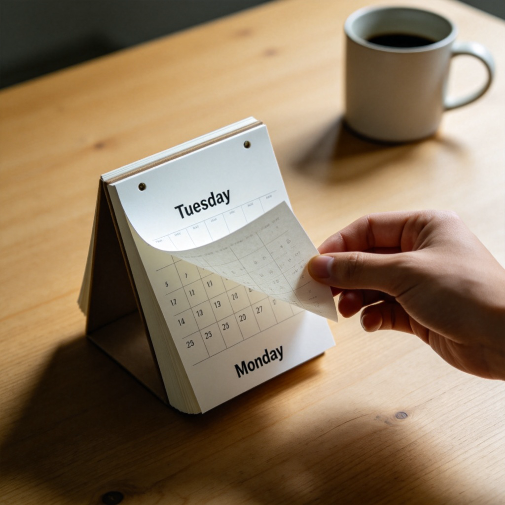 A hand is turning the page of a paper desk calendar. The page being revealed clearly shows "Tuesday," and the page being turned over shows "Monday." The background is a simple wooden desk with a coffee mug. Natural daylight from a window. No text or logos visible. Focus on the action of turning the page from one day to the next.