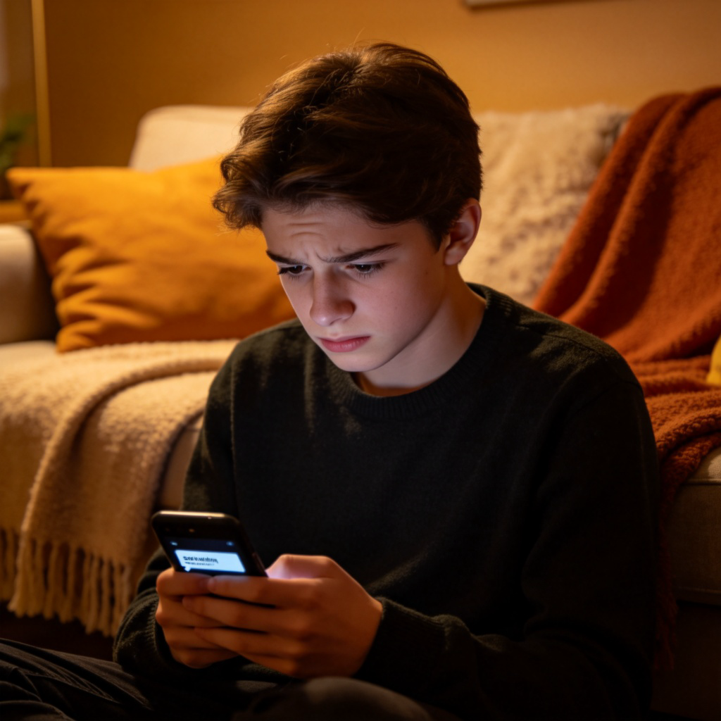 A young person sitting on a couch, looking at their phone with a slightly worried expression. The screen shows a sent message with no reply. The room is cozy with soft lighting, emphasizing the feeling of waiting. No text on the phone screen.