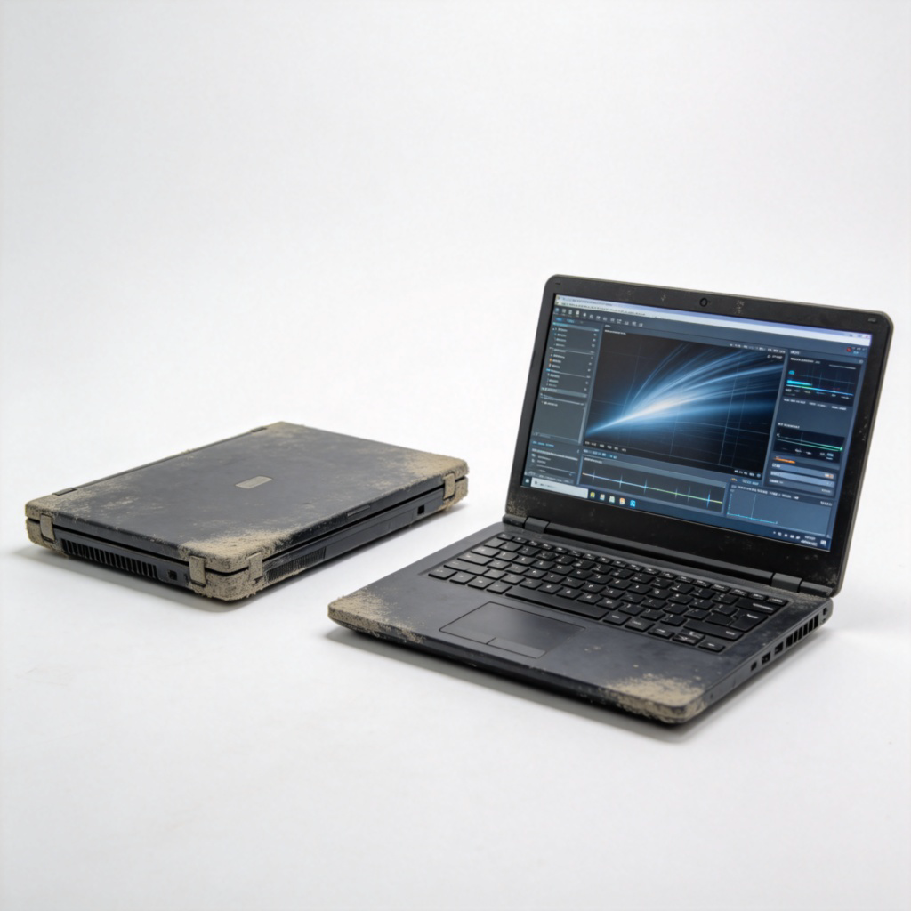 Side-by-side comparison: On the left, an old, slightly dusty laptop. On the right, the same laptop open and running a complex software smoothly on a bright, clear screen. Plain background, highlighting the contrast between old appearance and good function.