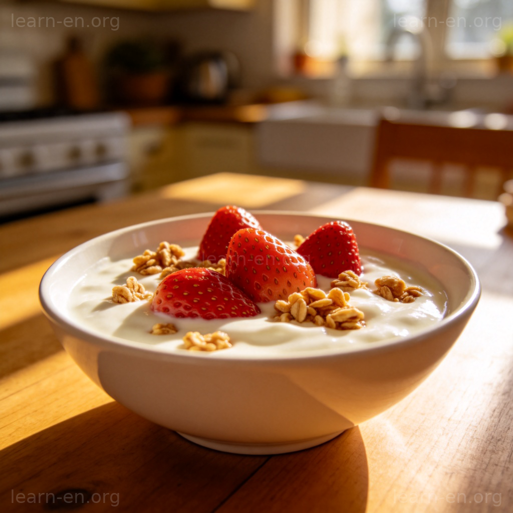 Yogurt 酸奶图解：一碗搭配草莓和格兰诺拉麦片的浓稠酸奶