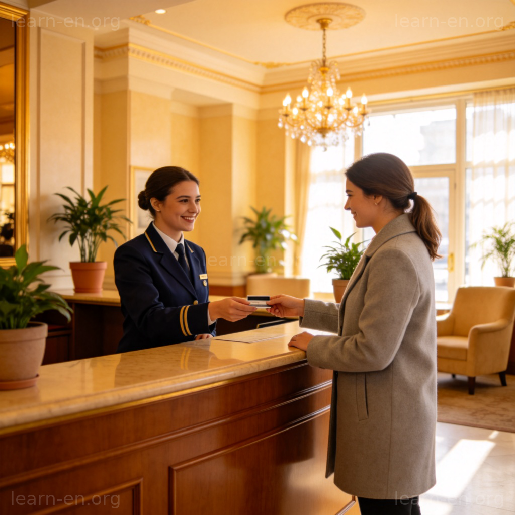 Guest paying at the front desk in a hotel lobby