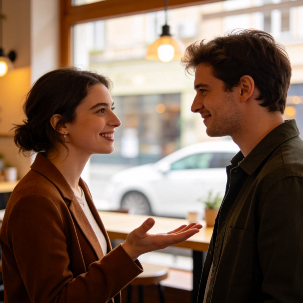 Two people standing and facing each other in a friendly conversation in a cozy café. One person, with a warm expression, is gently gesturing with an open hand towards the other person. The ‘you’ person is listening attentively. The focus is on the connection and the gesture of addressing the other. Natural lighting, clear and simple background.