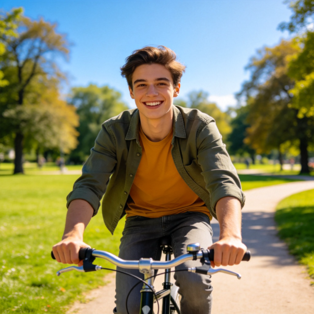A cheerful young person, around 20 years old, smiling brightly while riding a bicycle through a sunny park. The person wears casual clothes, and the background shows green grass, trees, and a clear blue sky. Realistic photography style, sharp focus on the person, natural lighting, no text or logos.