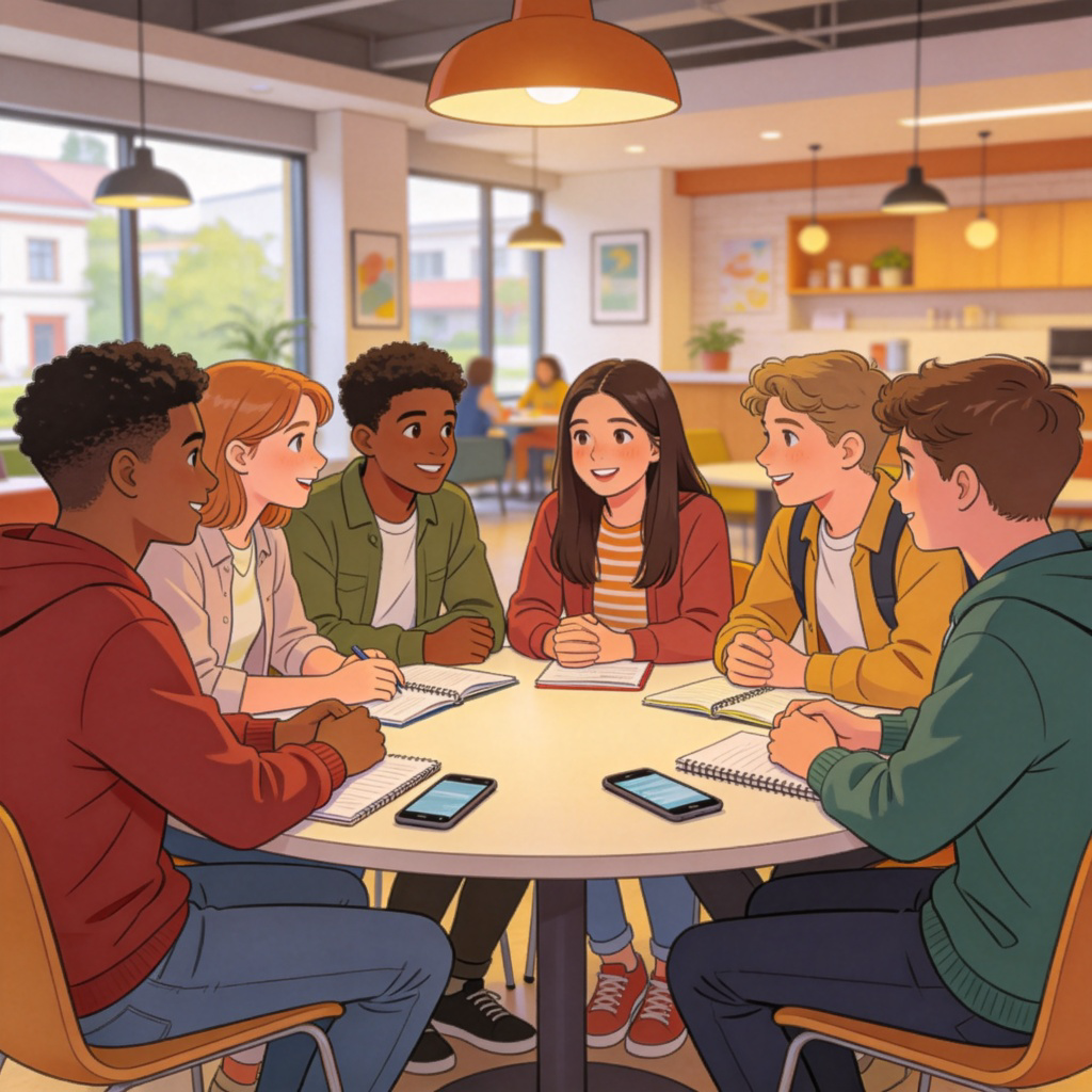 A diverse group of young people, aged 15 to 25, sitting together at a round table in a modern community center. They are engaged in a friendly discussion, with notebooks and smartphones on the table. Soft indoor lighting, natural expressions, realistic illustration style, clear focus on the group, no text or distracting elements.