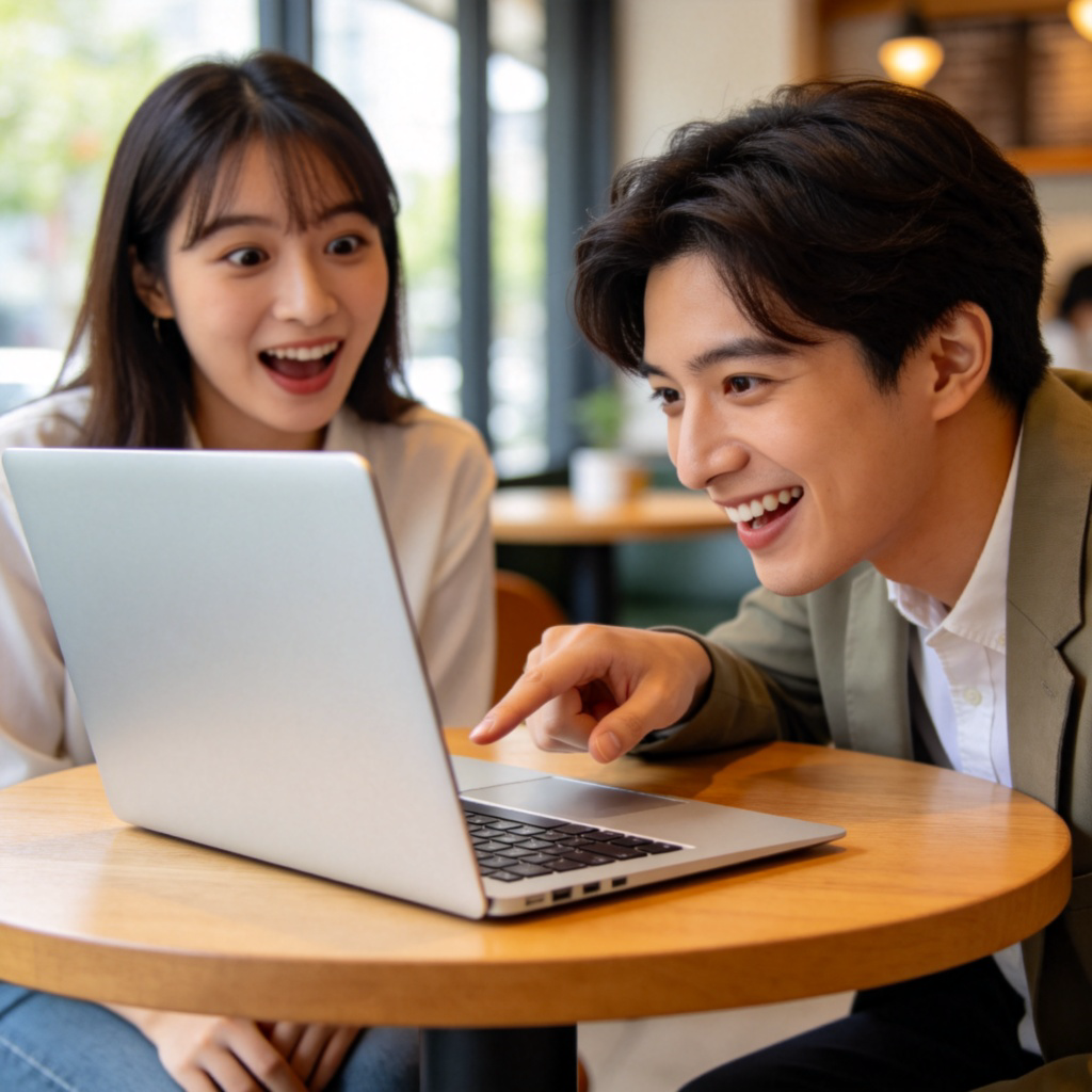 A person is smiling and pointing gently at a silver laptop on a cafe table, looking towards their friend. The friend looks surprised and happy. The scene is clear and bright, with the laptop as the clear focus. No text or logos are visible.
