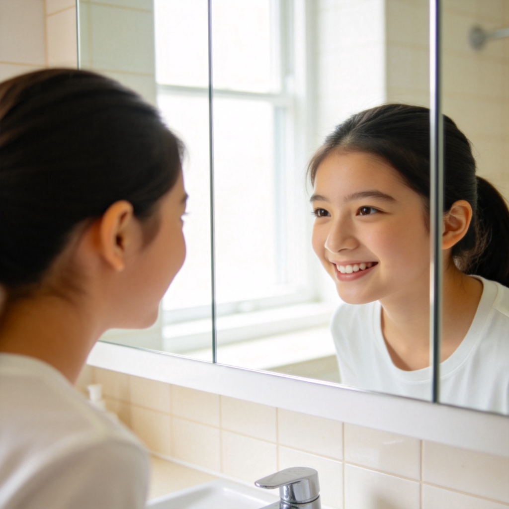 A teenage girl smiling at her own reflection in a large, clean bathroom mirror. She is standing close to the mirror, looking directly at herself. Bright, natural light from a window. Focus is on her face and reflection, creating a clear sense of "self". No text.