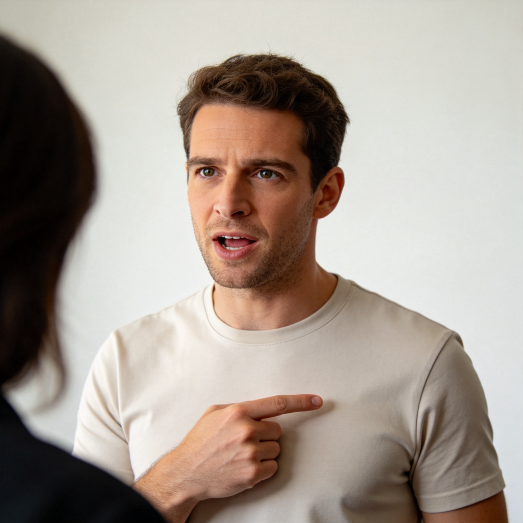 A person, seen from the chest up, pointing a finger firmly at their own chest while speaking to someone off-camera. They have a look of certainty and responsibility on their face. Plain, light-colored background to keep the focus on the gesture of self-designation. No text.