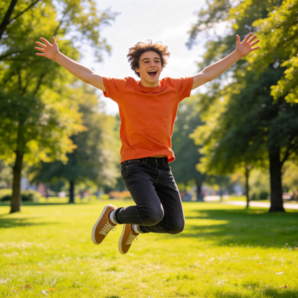 A single, vibrant young person (aged 18-25) jumping in the air with arms spread wide, against a backdrop of a green park on a sunny day. The focus is on their joyful expression and dynamic motion, symbolizing freedom and energy. Bright colors, clear focus, no text.