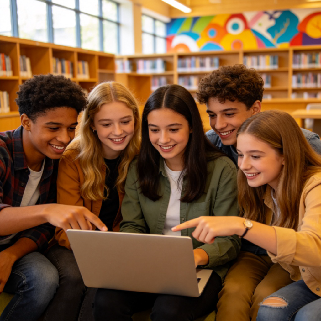 A diverse group of five young people (aged 15-25, different genders and ethnicities) sitting together in a modern library or community center, engaged in a friendly discussion or looking at a laptop screen together. They are smiling and interacting naturally. Shot at eye level, warm lighting, focus on the group as a collective unit.