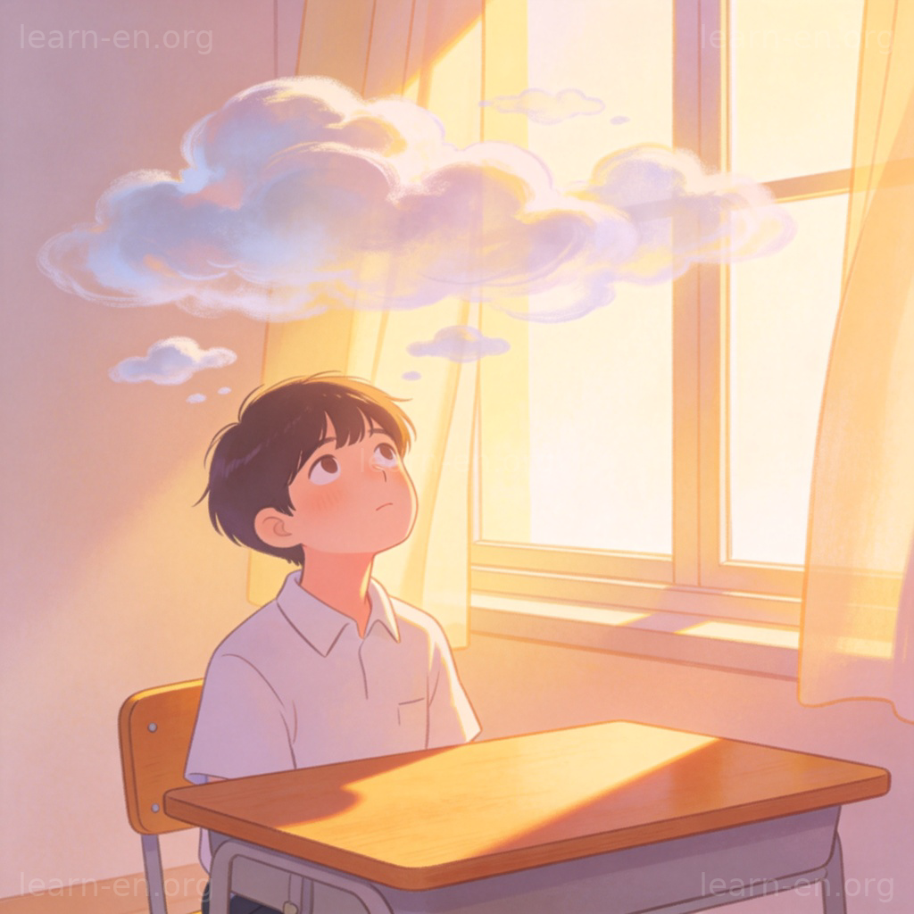Student zoned out with blank stare and floating thoughts