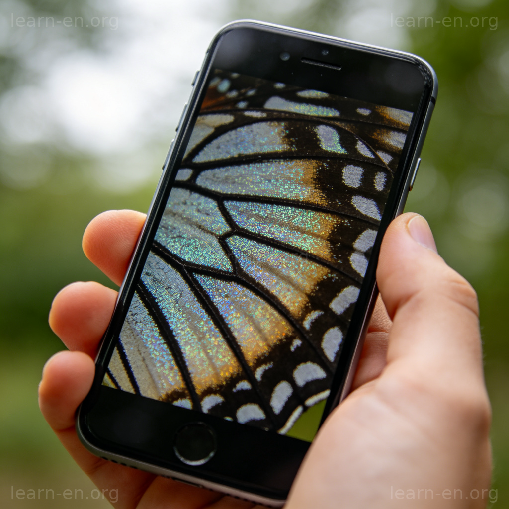 Zoom in 含义图解：手机放大查看蝴蝶翅膀的精细纹理