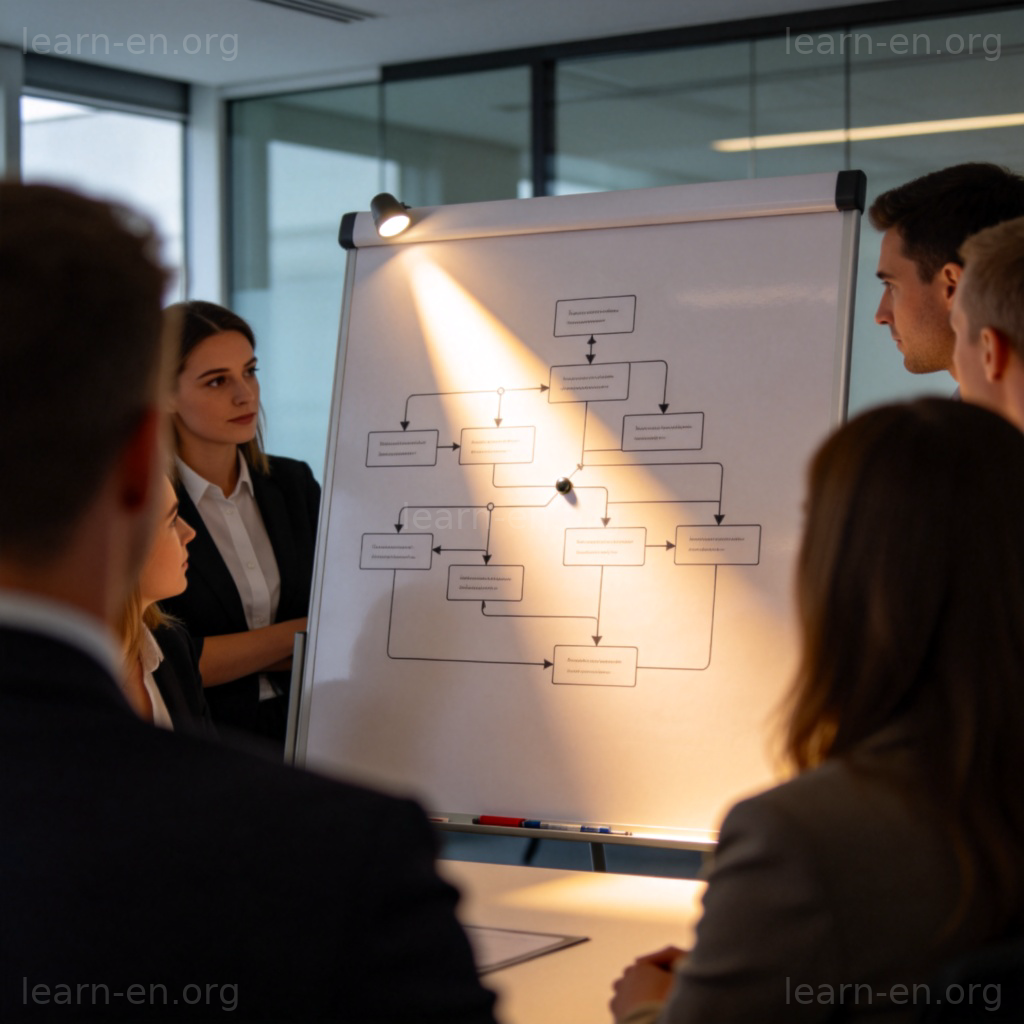 Zoom in 聚焦场景图解：团队会议中光束聚焦于白板图表关键点